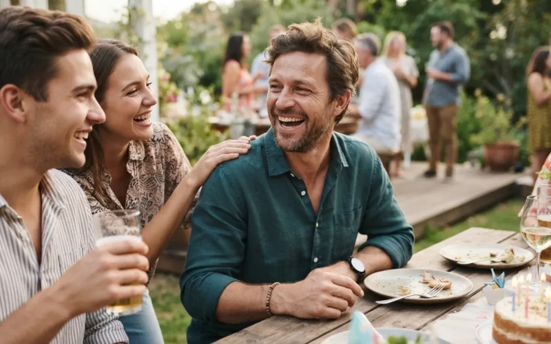 a man laughing with friends at a birthday celebration