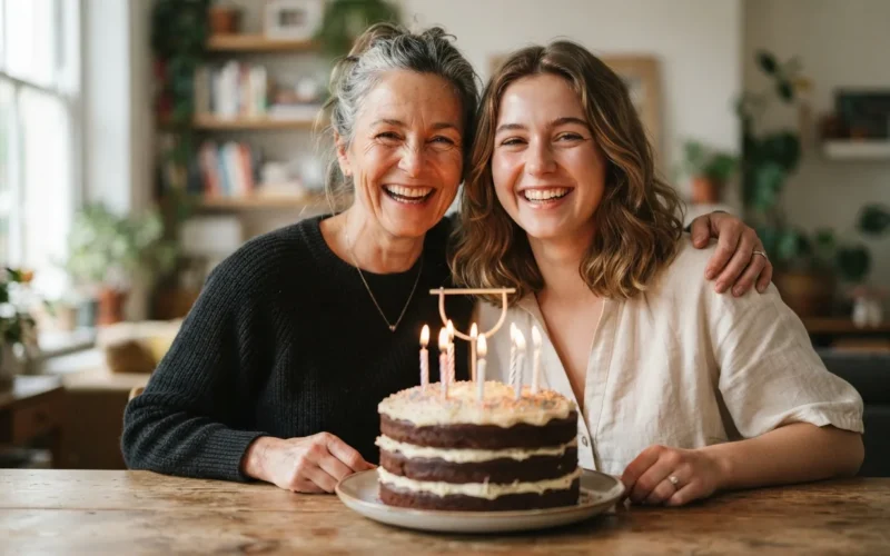 a parent and a young adult smiling together with a birthday cake