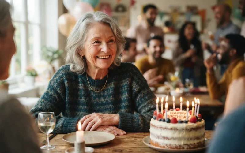 a smiling older woman or man at a birthday celebration with a cake