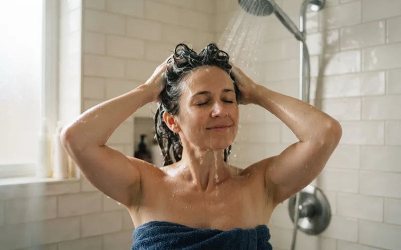 a woman washing her hair in a shower