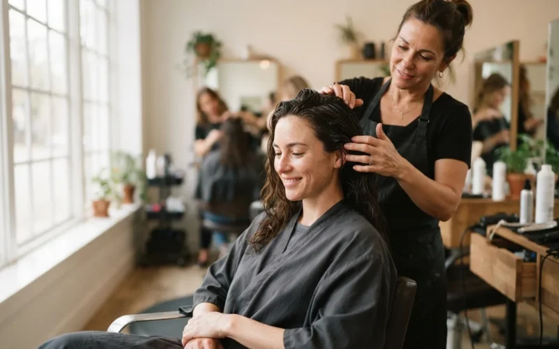 a woman having her hair cared for at a salon