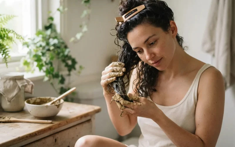 a woman applying a natural mixture to her hair