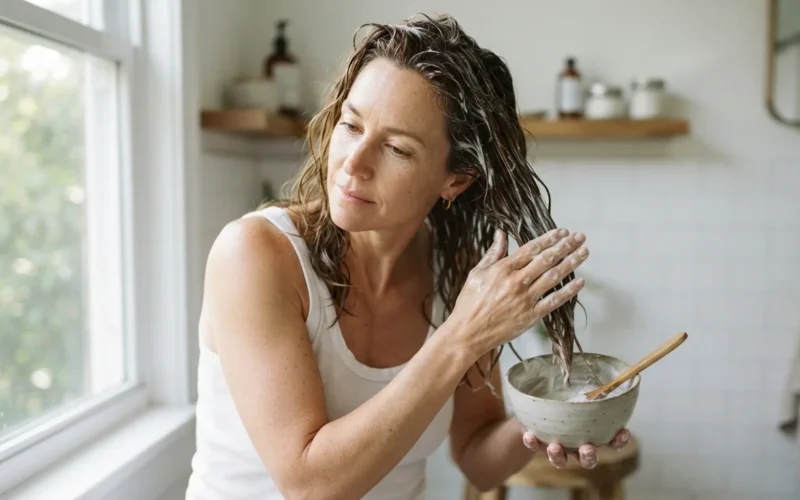 a woman applying a natural hair mask to her hair