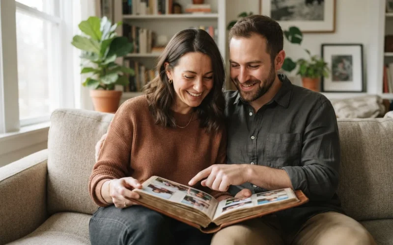 a couple sitting together on a sofa, looking at a photo album