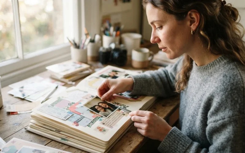 a person arranging photos and decorations in a scrapbook