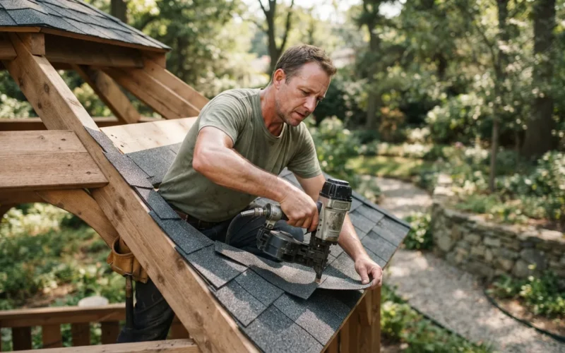a person installing roofing shingles on a wooden gazebo