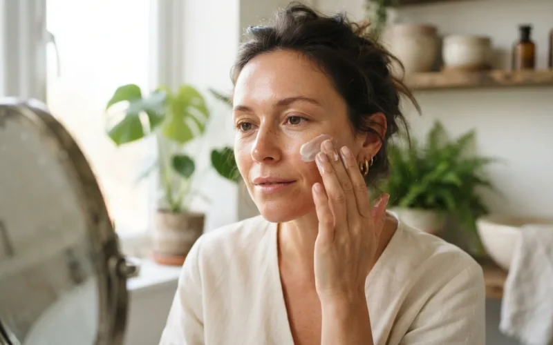 a woman gently applying a skincare product to her face