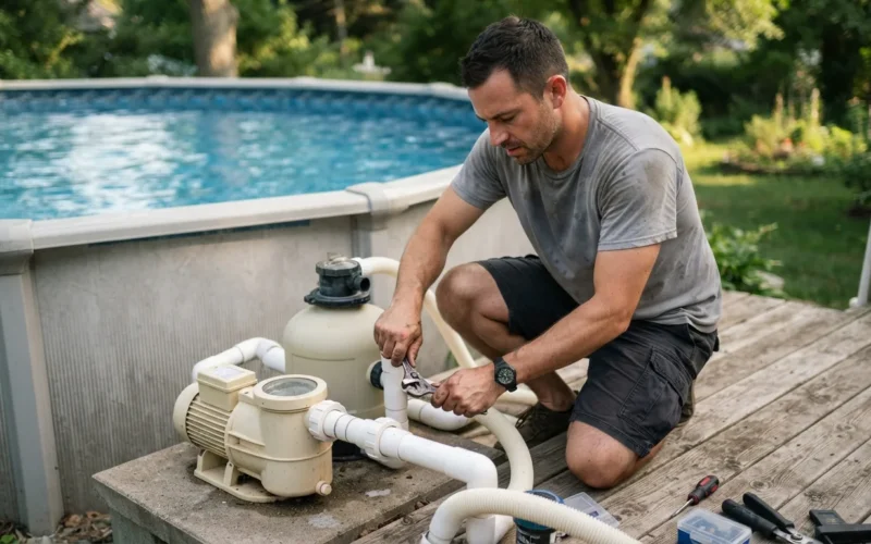 a person installing a pool pump next to an above ground pool
