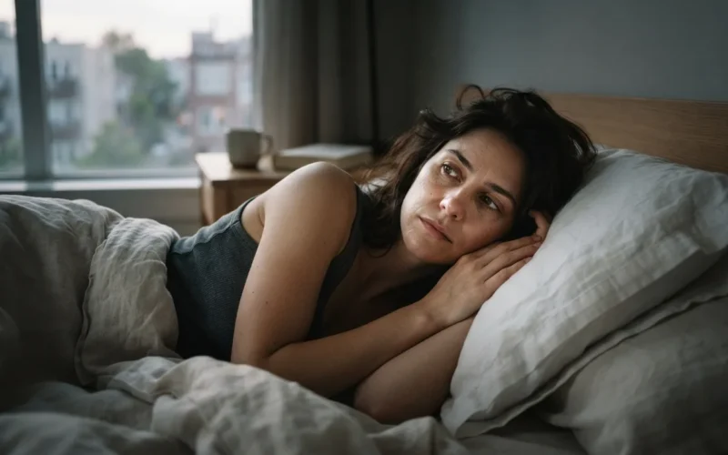 a woman lying awake in bed at dawn