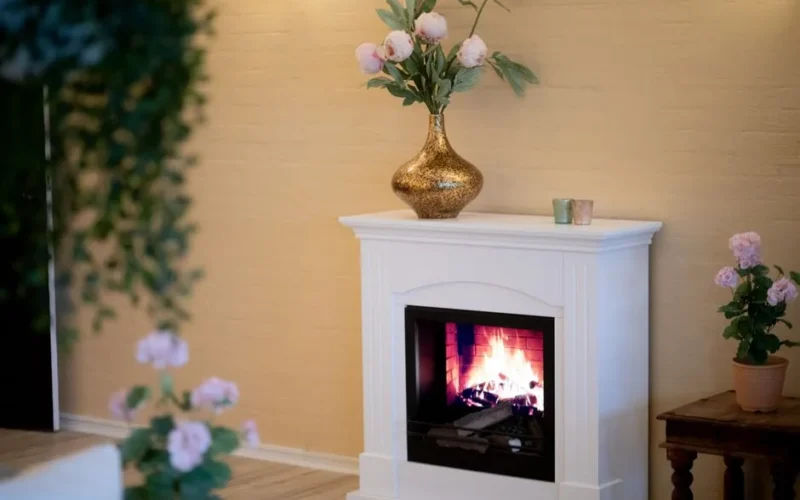 Warm living room with a lit fireplace, elegant vase with flowers, and cozy ambiance.