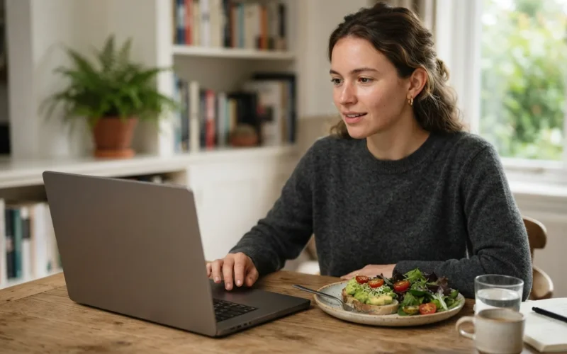 a person sitting at a desk with a laptop and a plate of food