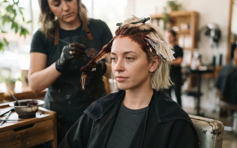a woman with bleached hair getting a new hair color applied
