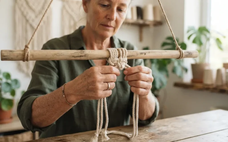 a person tying macrame knots on a wooden dowel