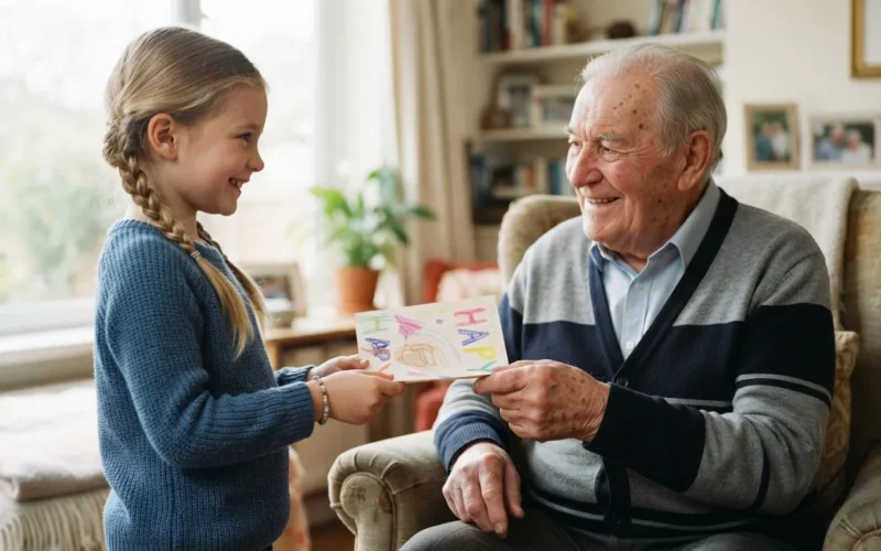 a child giving a handmade card to an elderly man