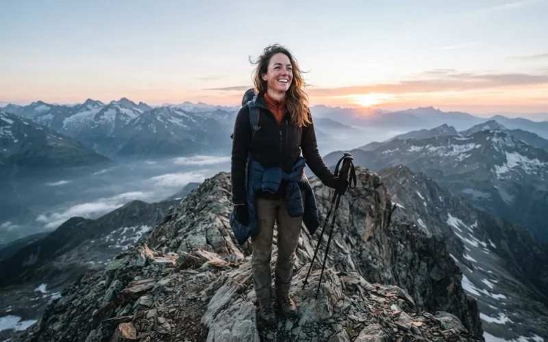 a person standing on a mountain peak at sunrise