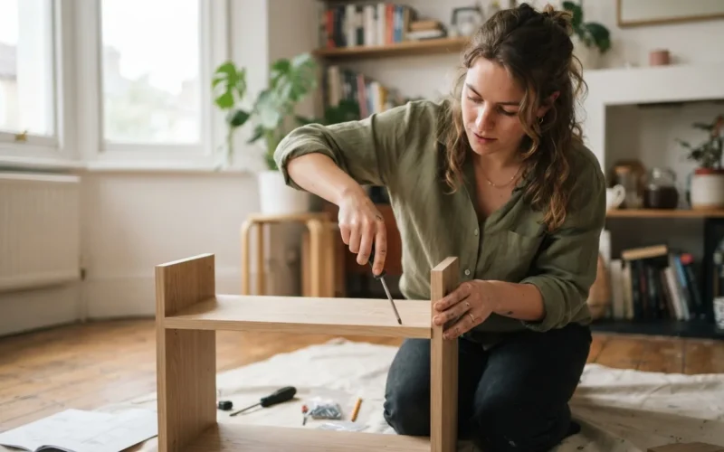 a person painting or assembling a piece of furniture at home