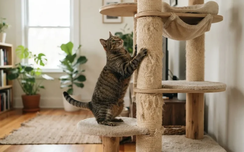 a cat climbing on a tall scratching post with platforms