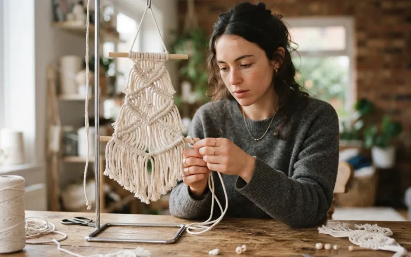 a person crafting a macrame Christmas tree