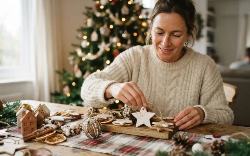 a person arranging handmade Christmas ornaments on a table