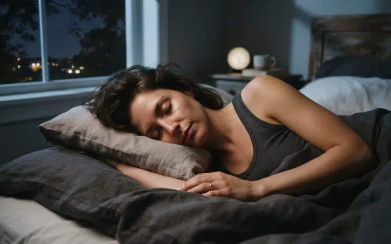 a woman resting in bed at night