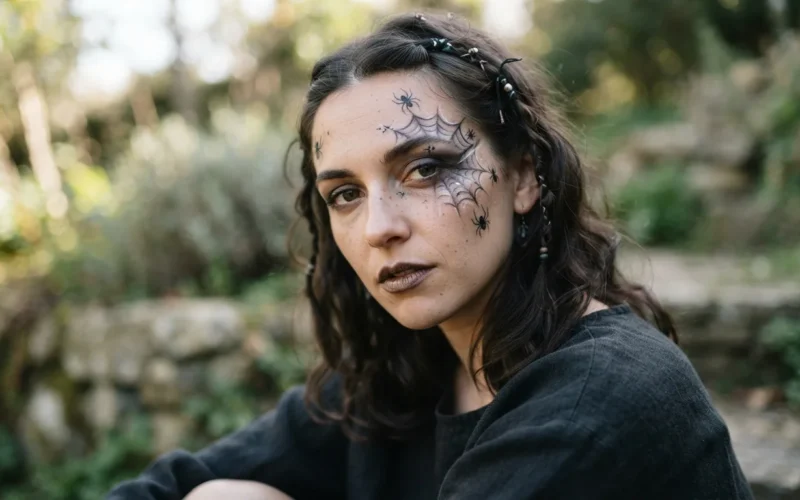 a woman with spider-themed face makeup