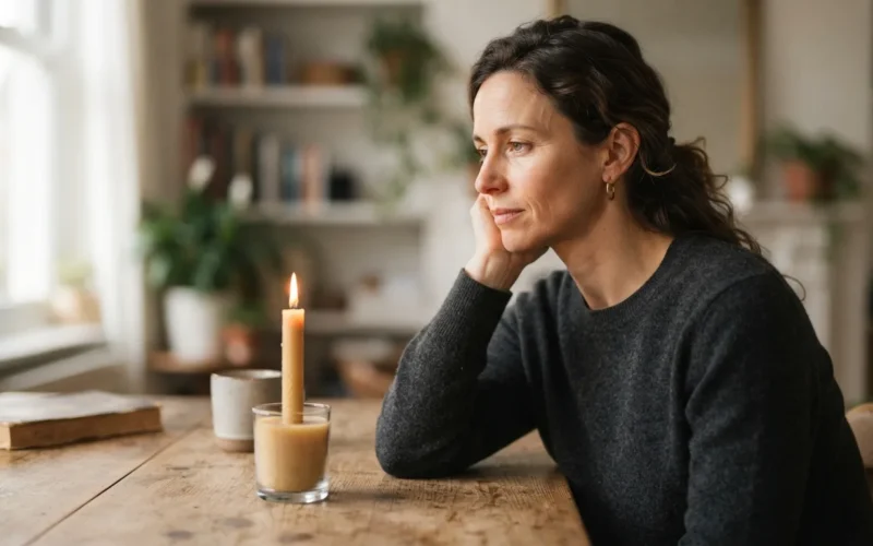 a woman with a thoughtful expression looking at a candle