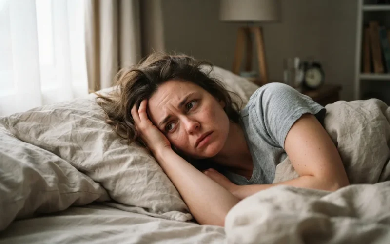 a person lying in bed looking worried or restless