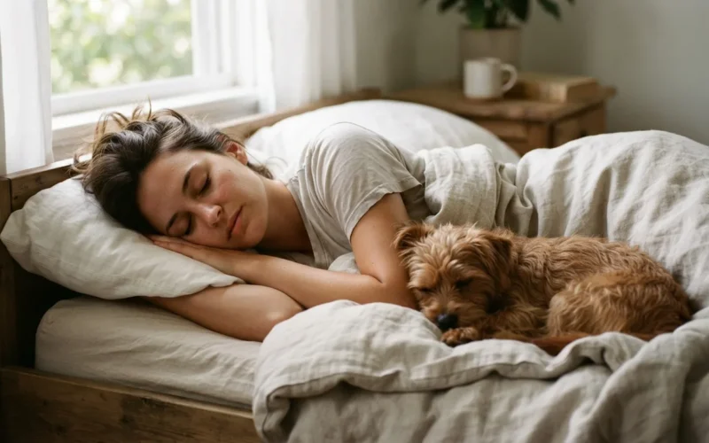 a person sleeping peacefully with a small dog nearby