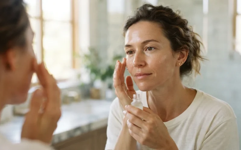 a woman applying a skincare product to her face