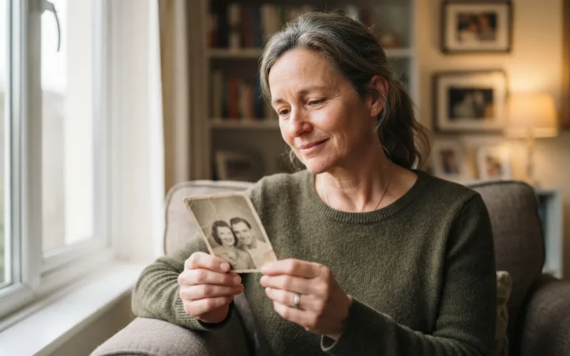 a woman looking thoughtfully at an old photograph