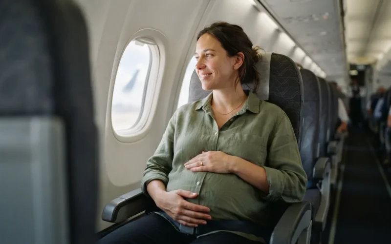 a pregnant woman sitting in an airplane seat