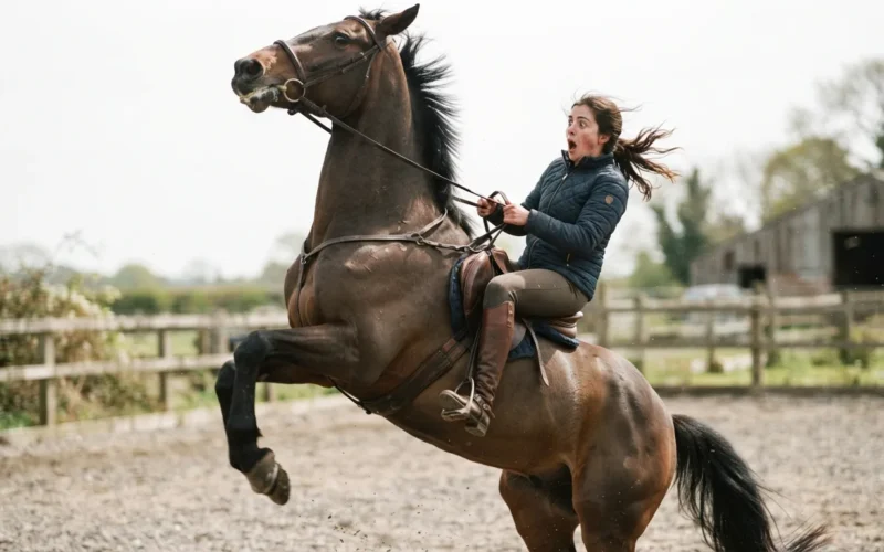 a person looking frightened as a horse rears up