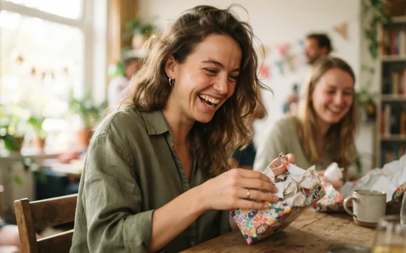 a person laughing while opening a birthday gift