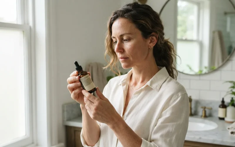 a woman reading a hair product label in a bathroom