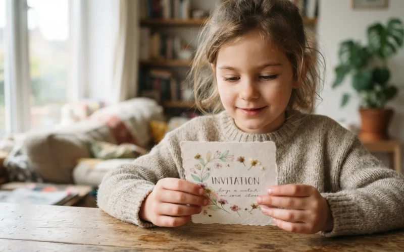 a child holding a handmade invitation card