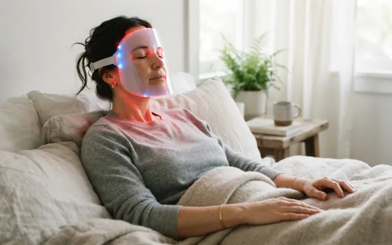 a woman using a glowing LED face mask