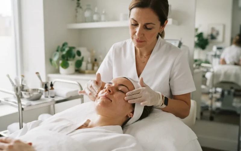 a woman receiving a facial treatment from an aesthetician in a clean, modern clinic