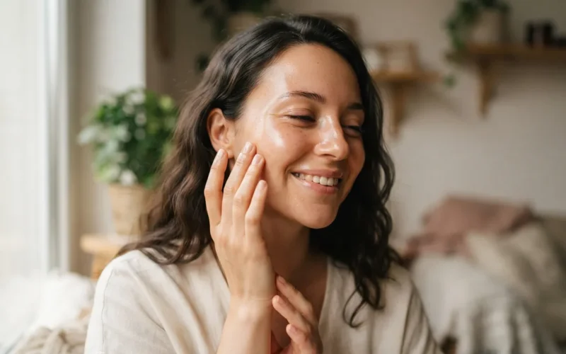 a woman touching her clean, glowing face