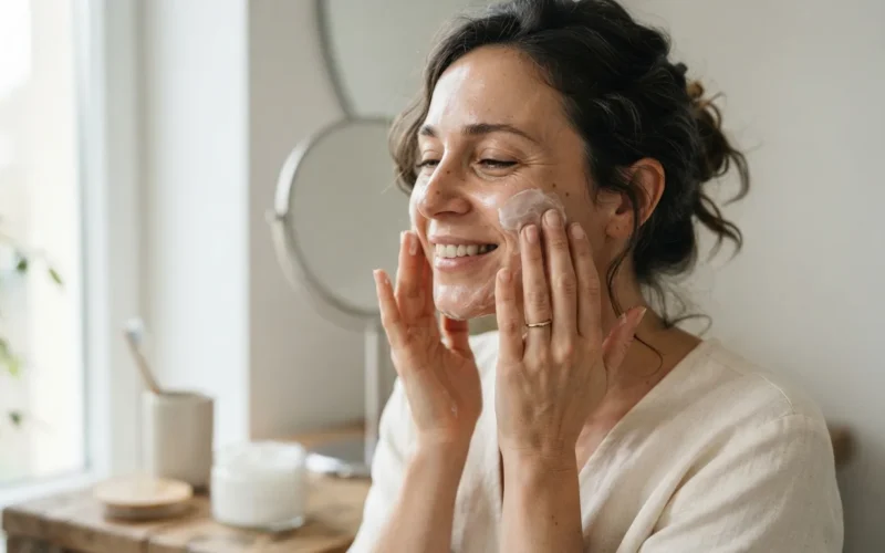 a woman applying moisturizer to her face