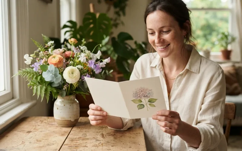 a person holding an open greeting card with flowers nearby