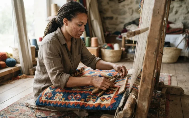 a person weaving or braiding a colorful rug on a floor