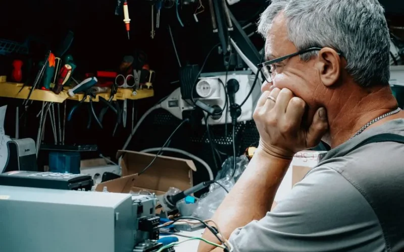 An adult man inspects electronic equipment at a cluttered workbench, deep in thought. Indoor electronics repair.