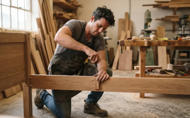 a person assembling a wooden bed frame in a workshop