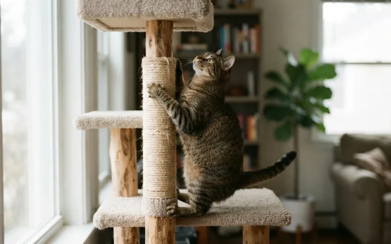 a cat climbing on a cat tree