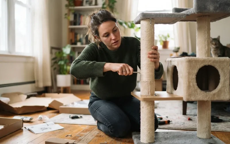 a person assembling a cat tower