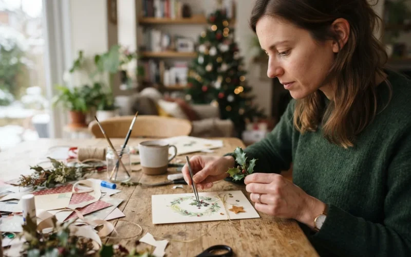 a person making a Christmas card with paper and decorations