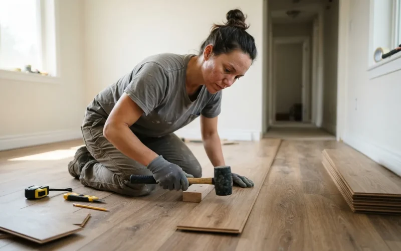 a person installing laminate flooring in a room