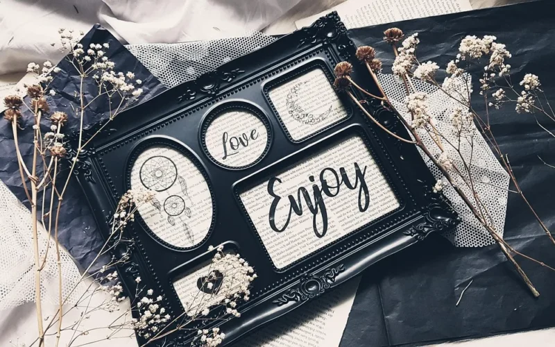 vintage, ramki na zdjęcia, rama, czarny, książki, książka, strony książki, dream catcher, księżyc, serce, smacznego, enjoy, dom, home decor, dekoracja, instalator, deco, nie ma to jak w domu, staromodny, projekt, projektowanie wnętrz, stary, drobiazgi, martwa natura, salon