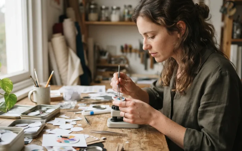a person decorating a round pin badge at a desk