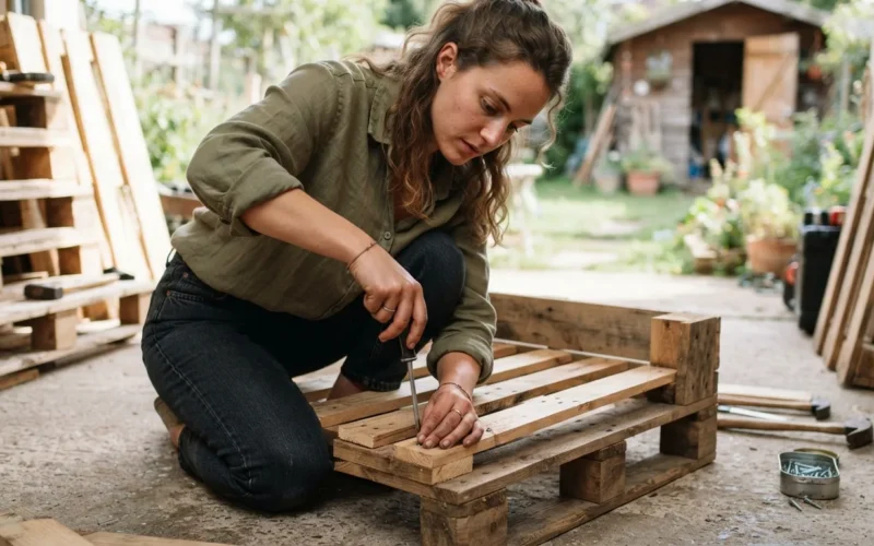 a person assembling a dog bed from wooden pallets